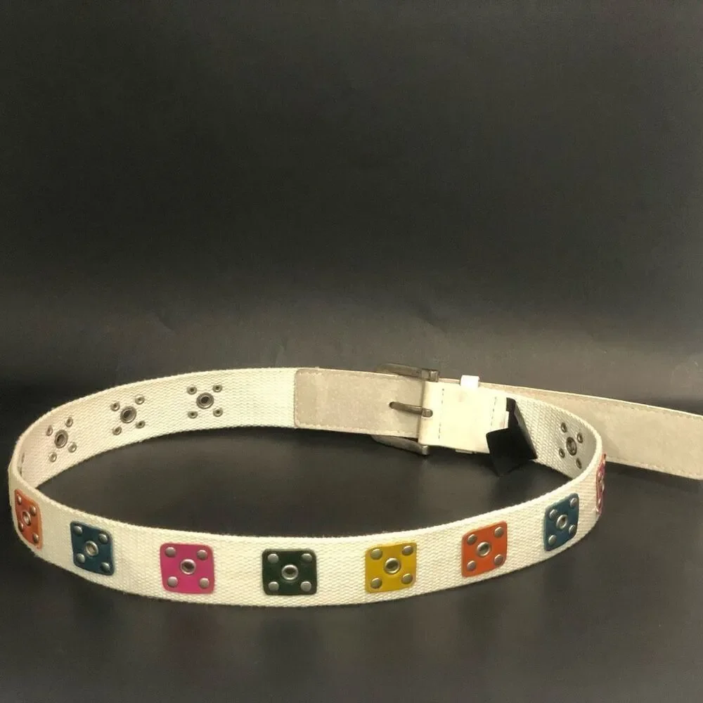 White Canvas‎ Webbing Belt Multi Color Studded Grommet Y2K Style Size M S051349